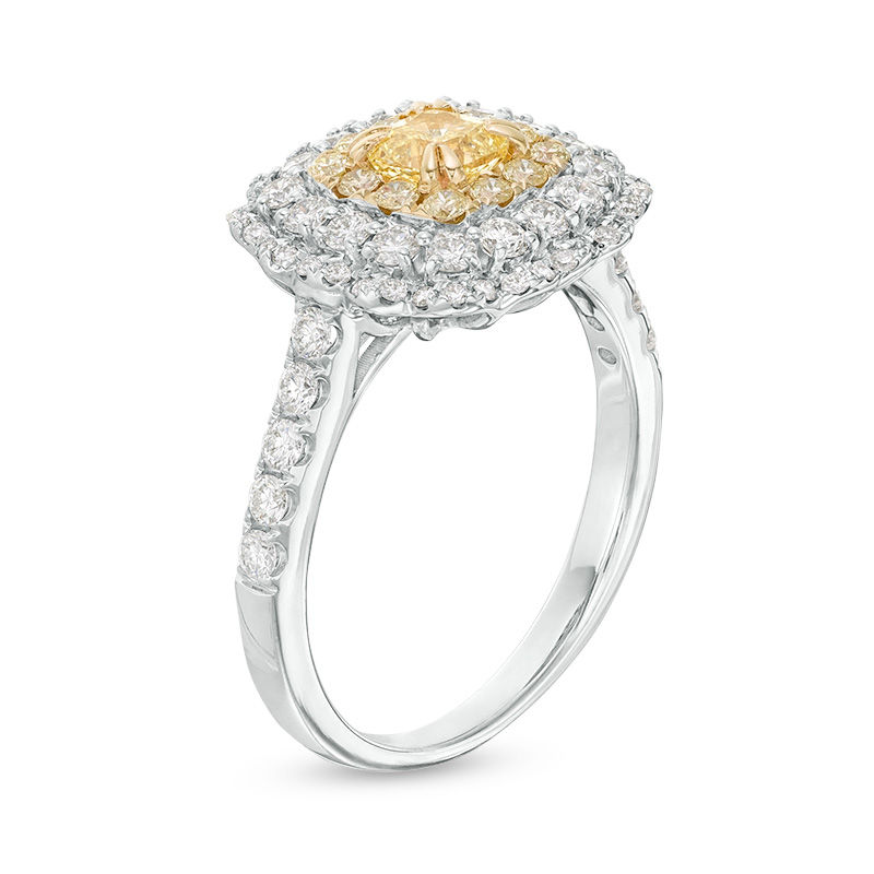 1-3/8 CT. T.W. Certified Cushion-Cut Yellow Diamond Double Frame Engagement Ring in 14K Two-Tone Gold (Fancy/SI2)