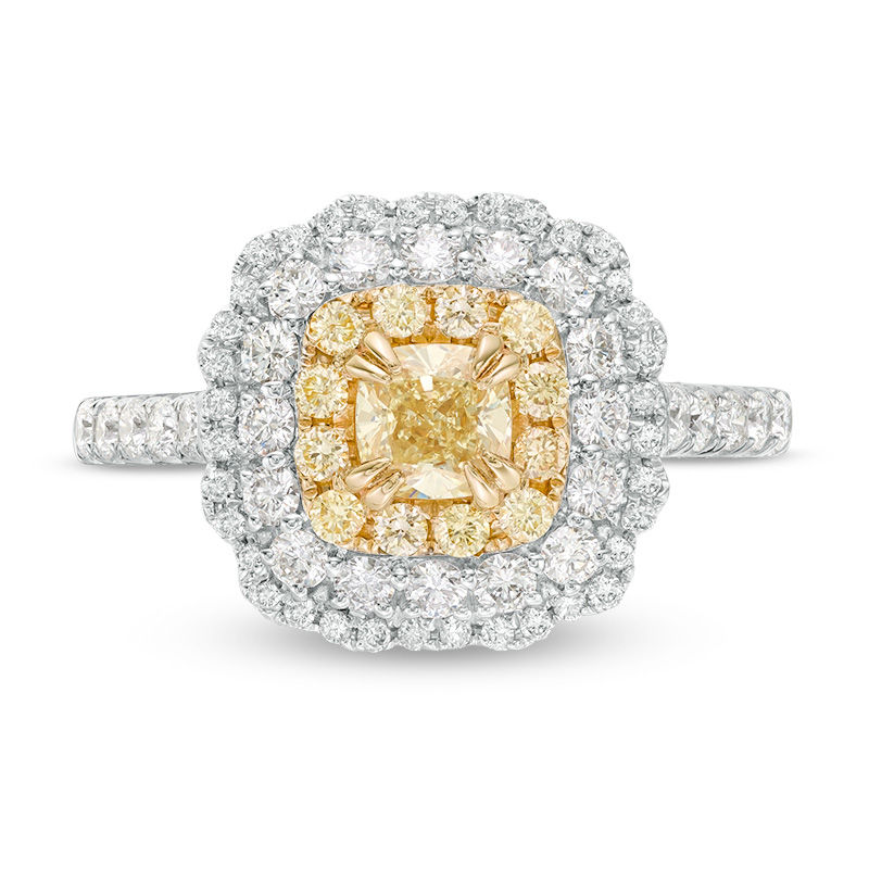 1-3/8 CT. T.W. Certified Cushion-Cut Yellow Diamond Double Frame Engagement Ring in 14K Two-Tone Gold (Fancy/SI2)