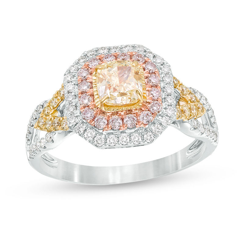 1-1/3 CT. T.W. Certified Yellow Cushion-Cut Diamond Double Frame Engagement Ring in 14K Tri-Tone Gold (Fancy/SI2)