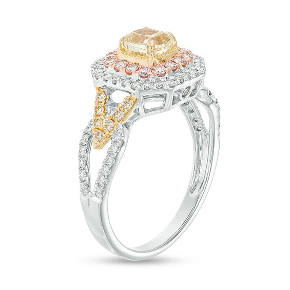 1-1/3 CT. T.w. Certified Yellow Cushion-Cut Diamond Double Frame Engagement Ring in 14K Tri-Tone Gold (Fancy/SI2)