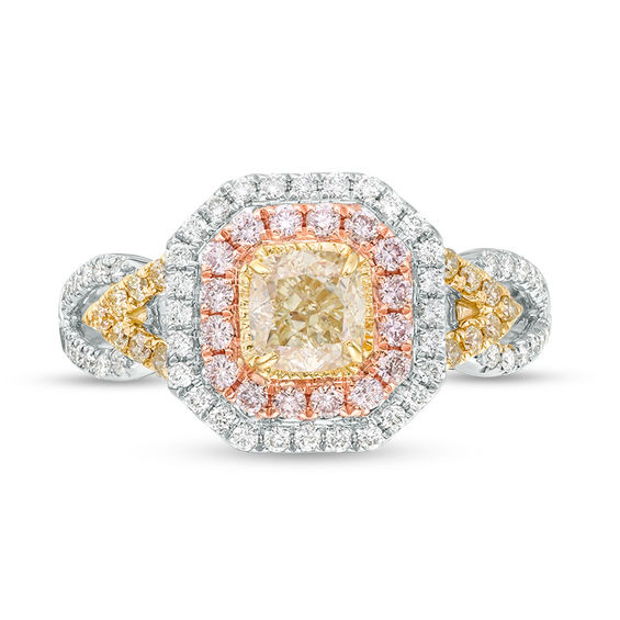 1-1/3 CT. T.w. Certified Yellow Cushion-Cut Diamond Double Frame Engagement Ring in 14K Tri-Tone Gold (Fancy/SI2)