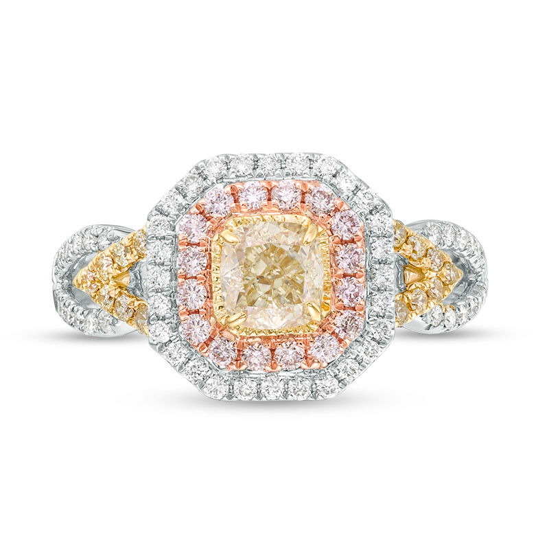 1-1/3 CT. T.W. Certified Yellow Cushion-Cut Diamond Double Frame Engagement Ring in 14K Tri-Tone Gold (Fancy/SI2)