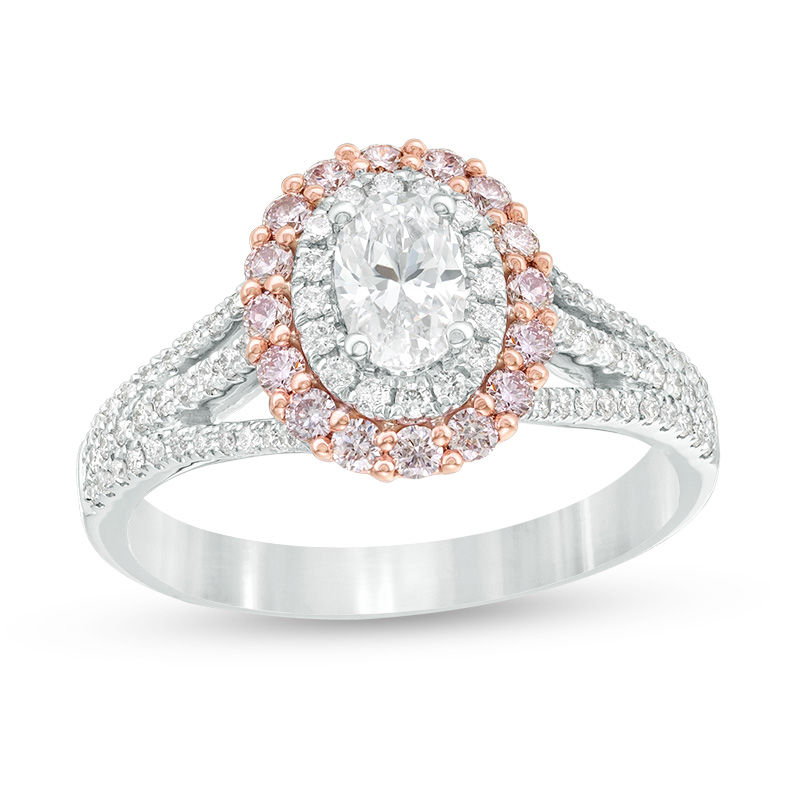 Main Image 1 of 1 CT. T.W. Certified Oval Diamond Double Frame Split-Shank Engagement Ring in 14K Two-Tone Gold (I/SI2)
