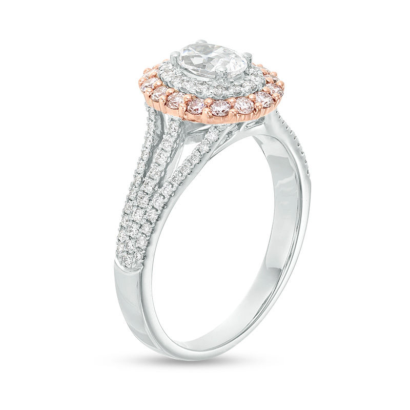 Main Image 2 of 1 CT. T.W. Certified Oval Diamond Double Frame Split-Shank Engagement Ring in 14K Two-Tone Gold (I/SI2)