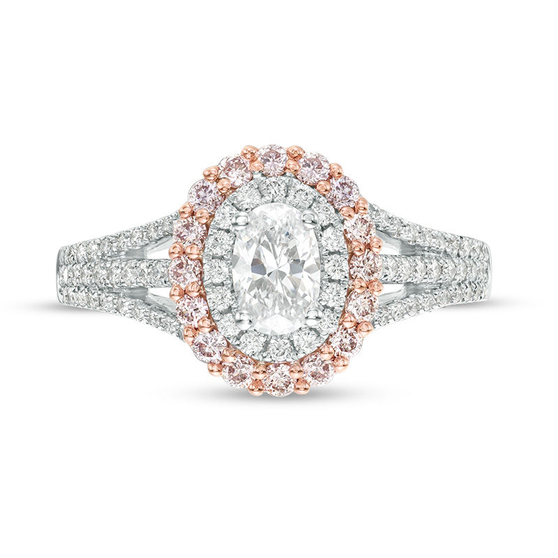 Main Image 3 of 1 CT. T.W. Certified Oval Diamond Double Frame Split-Shank Engagement Ring in 14K Two-Tone Gold (I/SI2)