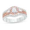 Thumbnail Image 1 of 1-1/4 CT. T.W. Certified Emerald-Cut Diamond Frame Three Stone Multi-Row Engagement Ring in 14K Two-Tone Gold (I/SI2)