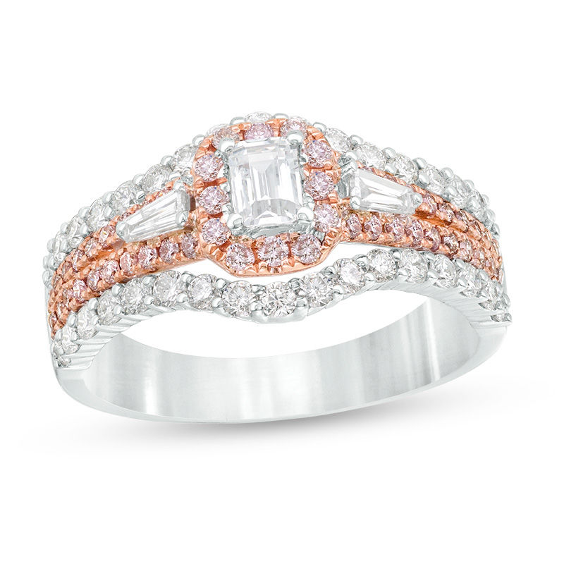 Main Image 1 of 1-1/4 CT. T.W. Certified Emerald-Cut Diamond Frame Three Stone Multi-Row Engagement Ring in 14K Two-Tone Gold (I/SI2)