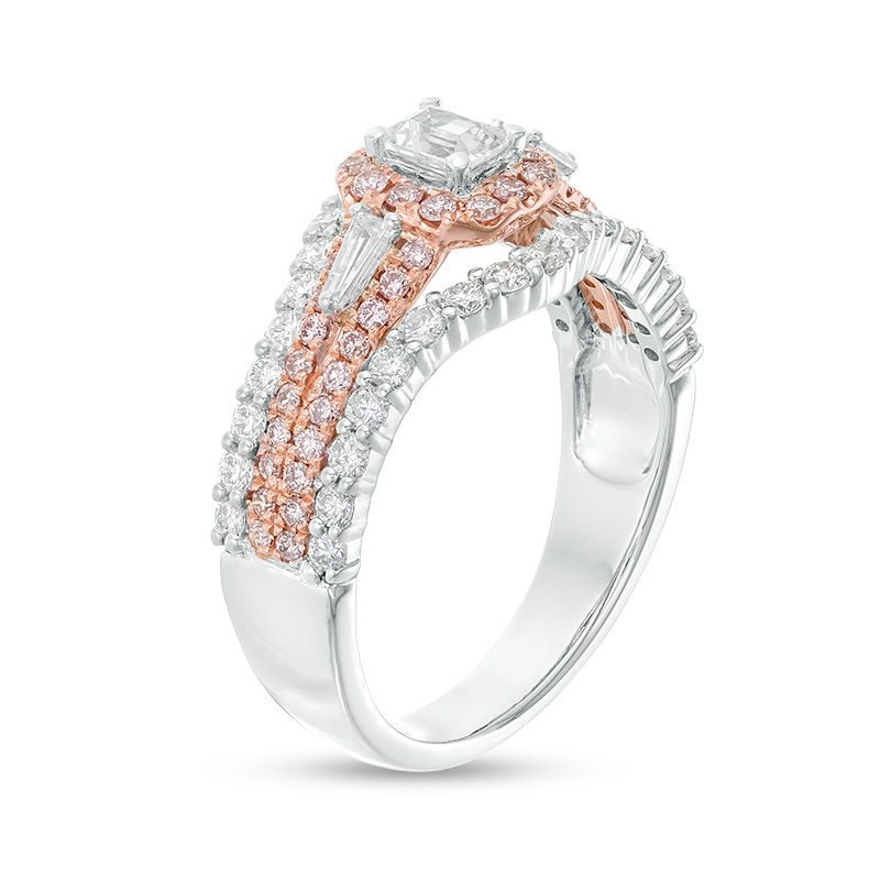 Main Image 2 of 1-1/4 CT. T.W. Certified Emerald-Cut Diamond Frame Three Stone Multi-Row Engagement Ring in 14K Two-Tone Gold (I/SI2)
