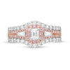 Thumbnail Image 3 of 1-1/4 CT. T.W. Certified Emerald-Cut Diamond Frame Three Stone Multi-Row Engagement Ring in 14K Two-Tone Gold (I/SI2)