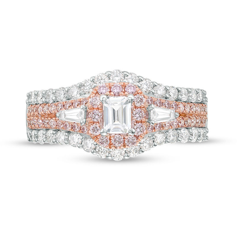 Main Image 3 of 1-1/4 CT. T.W. Certified Emerald-Cut Diamond Frame Three Stone Multi-Row Engagement Ring in 14K Two-Tone Gold (I/SI2)