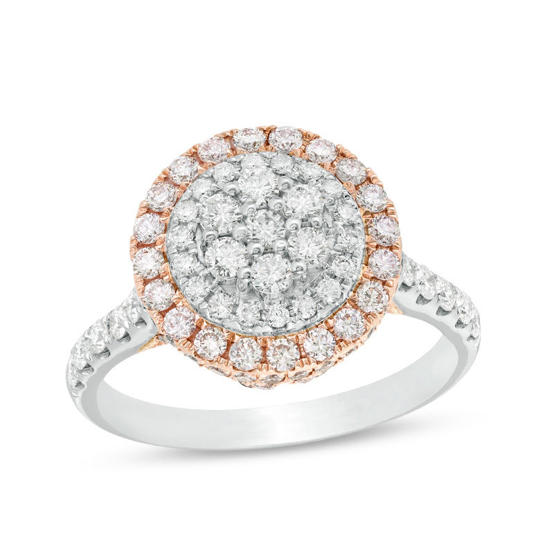 Main Image 1 of 1-1/2 CT. T.W. Certified Pink and White Composite Diamond Double Frame Engagement Ring in 14K Two-Tone Gold (Fancy/I2)