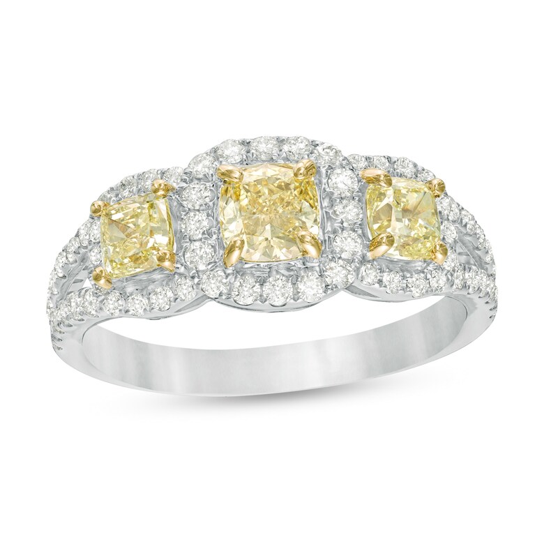 1-1/2 CT. T.W. Certified Yellow Cushion-Cut Diamond Past Present Future® Engagement Ring in 14K Two-Tone Gold (SI2)