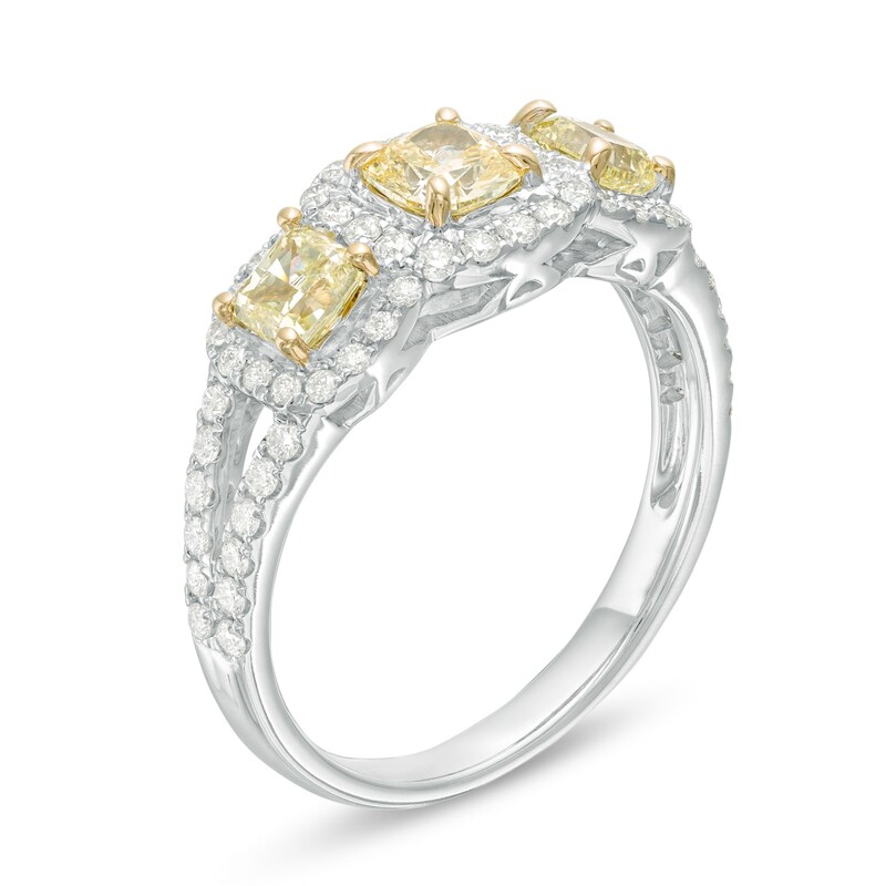 Main Image 3 of 1-1/2 CT. T.W. Certified Yellow Cushion-Cut Diamond Past Present Future® Engagement Ring in 14K Two-Tone Gold (SI2)