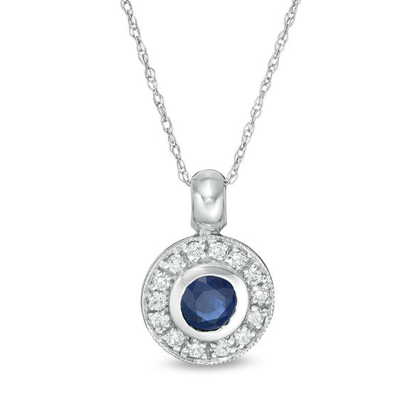 4.5mm Blue Sapphire and 1/6 CT. T.W. Diamond Open Frame Vintage-Style Pendant in 14K White Gold 4.5mm Blue Sapphire and 1/6 CT. T.W. Diamond Open Frame Vintage-Style Pendant in 14K White Gold