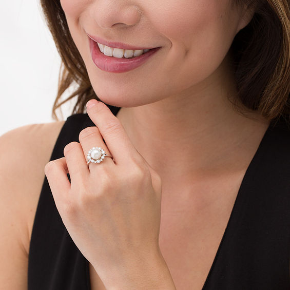 8.0mm Freshwater Cultured Pearl and 3/8 CT. T.w. Diamond Sunburst Frame Ring in 14K White Gold