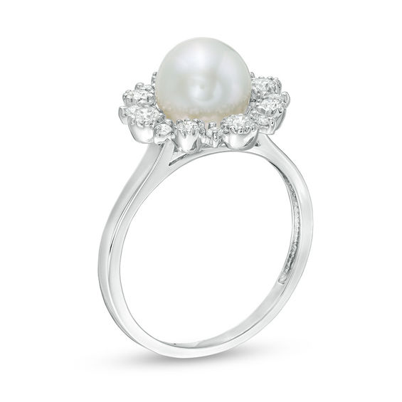 8.0mm Freshwater Cultured Pearl and 3/8 CT. T.w. Diamond Sunburst Frame Ring in 14K White Gold