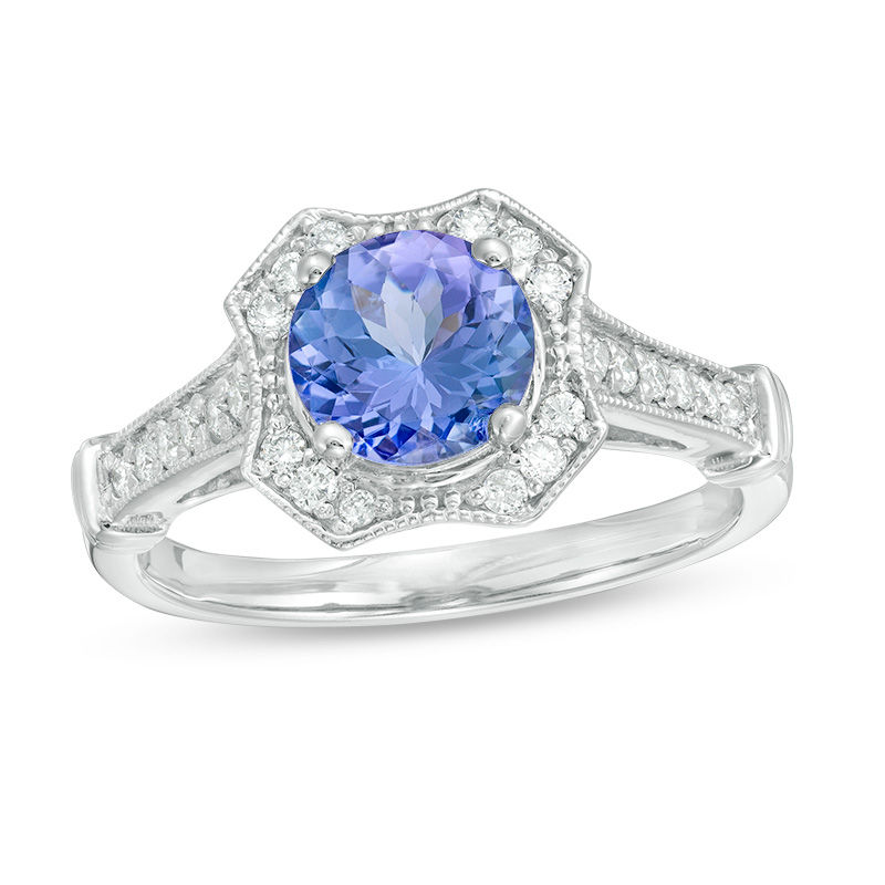 7.0mm Tanzanite and 1/4 CT. T.W. Diamond Art Deco Frame Vintage-Style Ring in 14K White Gold