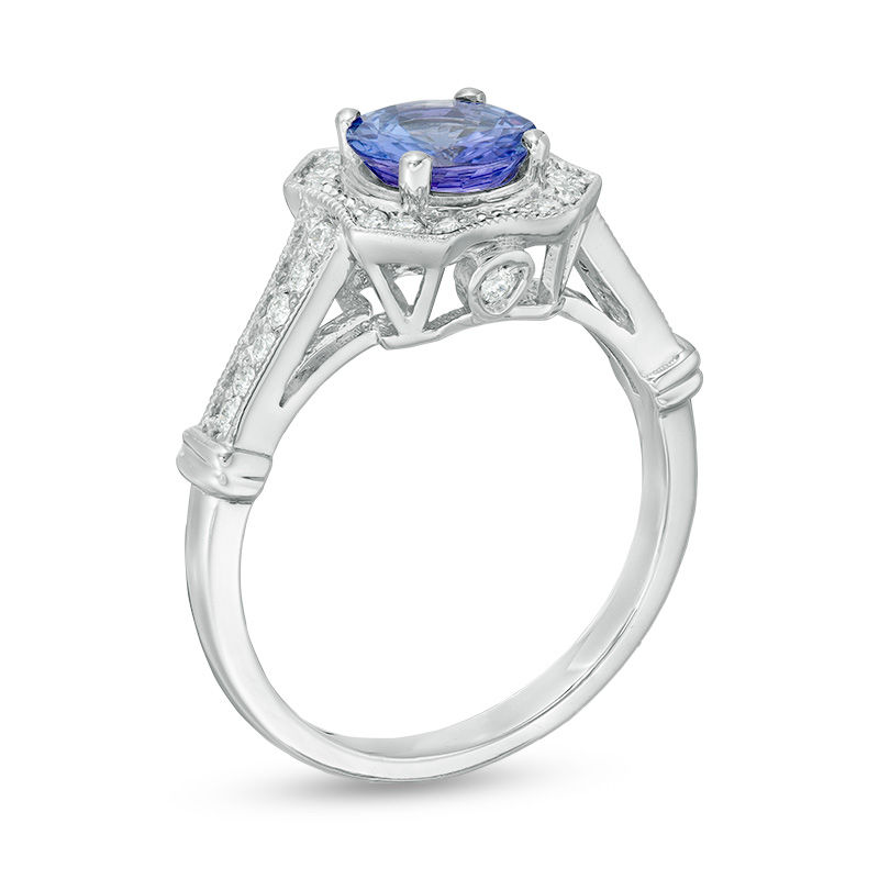 7.0mm Tanzanite and 1/4 CT. T.W. Diamond Art Deco Frame Vintage-Style Ring in 14K White Gold