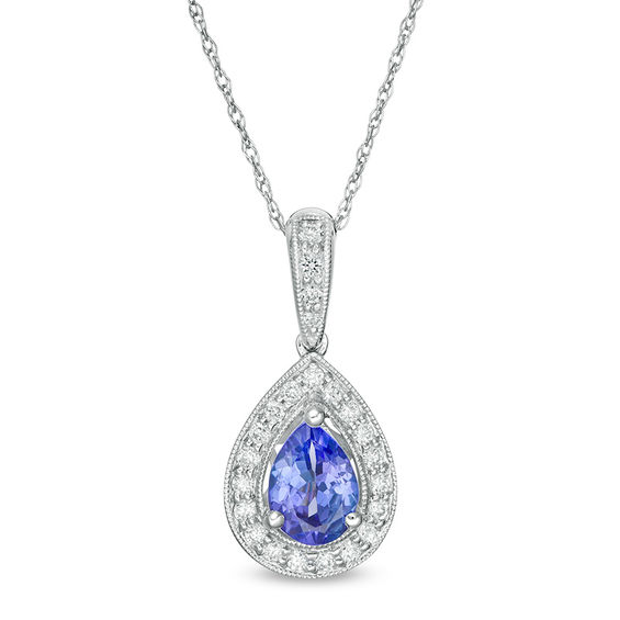 Pear-Shaped Tanzanite and 1/6 CT. T.W. Diamond Frame Vintage-Style Drop Pendant in 14K White Gold Pear-Shaped Tanzanite and 1/6 CT. T.W. Diamond Frame Vintage-Style Drop Pendant in 14K White Gold