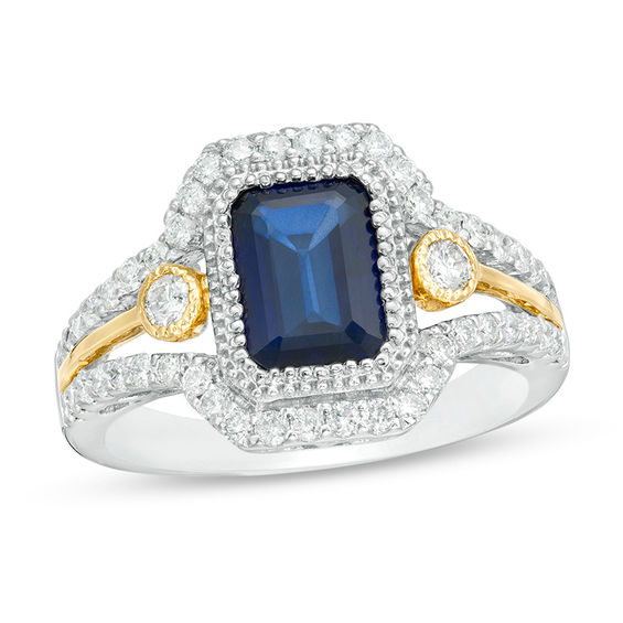 Emerald-Cut Blue Sapphire and 5/8 CT. T.W. Diamond Frame Art Deco Ring in 14K Two-Tone Gold Emerald-Cut Blue Sapphire and 5/8 CT. T.W. Diamond Frame Art Deco Ring in 14K Two-Tone Gold