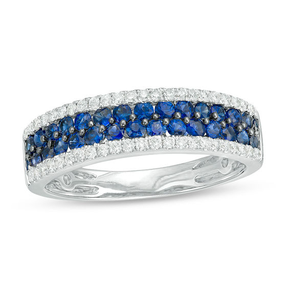 Blue Sapphire and 1/4 CT. T.w. Diamond Border Multi-Row Ring in 14K White Gold