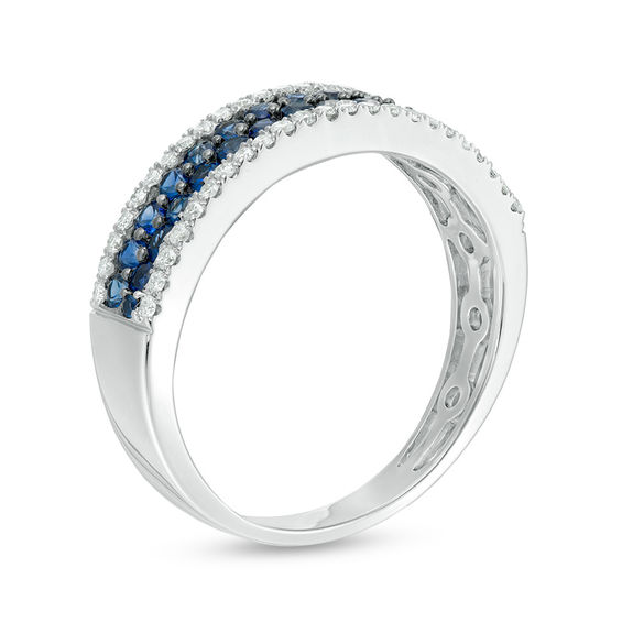 Blue Sapphire and 1/4 CT. T.w. Diamond Border Multi-Row Ring in 14K White Gold