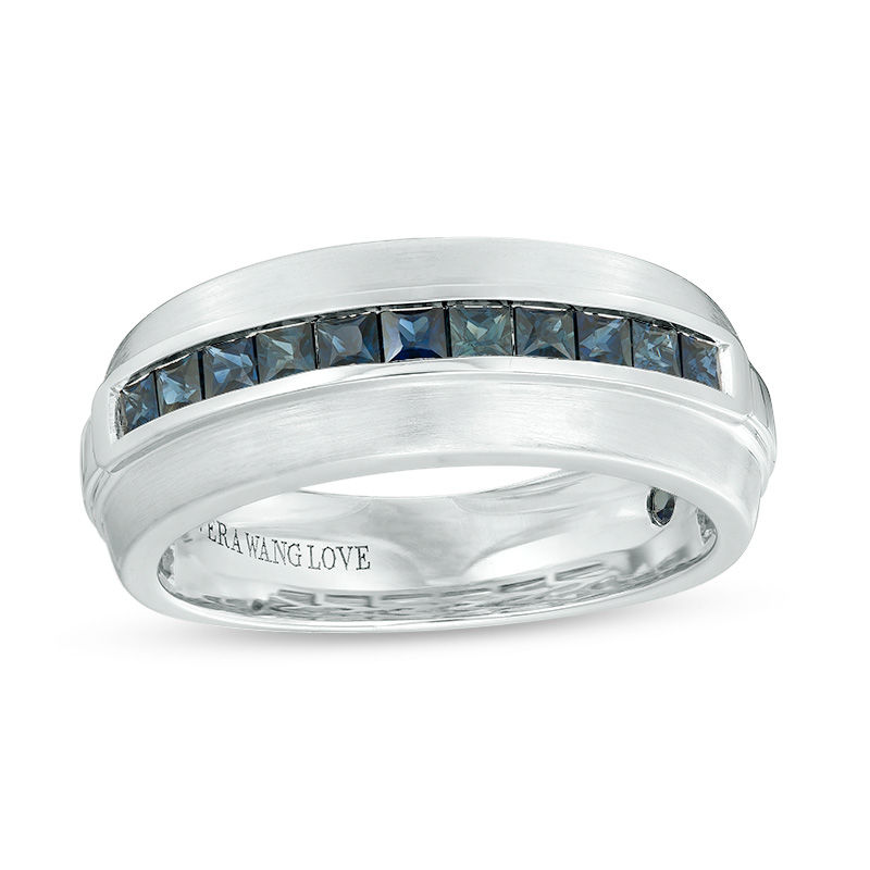 Vera Wang Love Collection Men's Princess-Cut Blue Sapphire Wedding Band in 14K White Gold