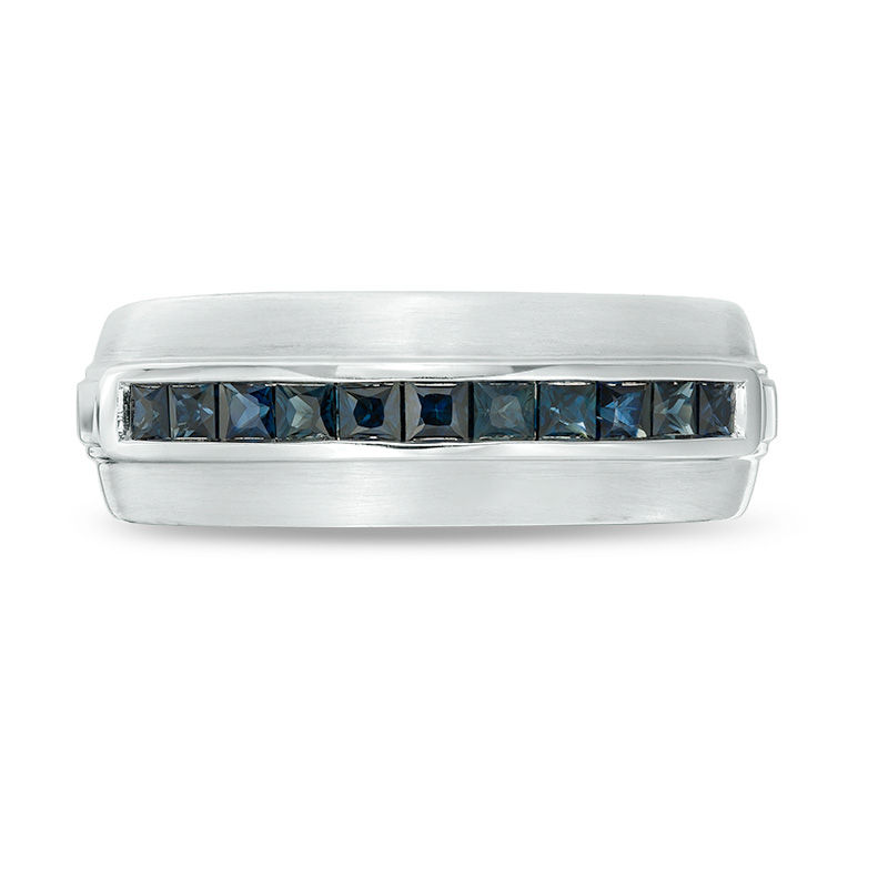 Vera Wang Love Collection Men's Princess-Cut Blue Sapphire Wedding Band in 14K White Gold