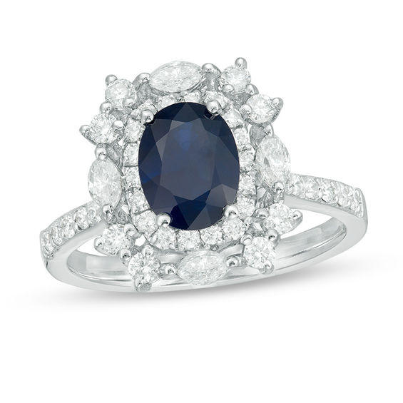 Oval Blue Sapphire and 1 CT. T.w. Diamond Cushion-Shape Starburst Frame Vintage-Style Ring in 14K White Gold