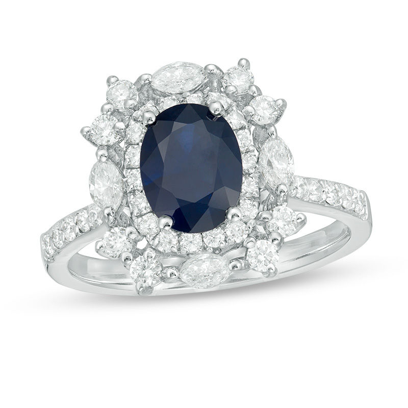 Oval Blue Sapphire and 1 CT. T.W. Diamond Cushion-Shape Starburst Frame Vintage-Style Ring in 14K White Gold