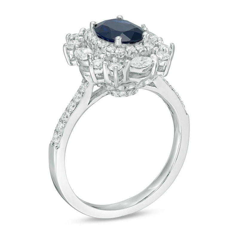 Oval Blue Sapphire and 1 CT. T.W. Diamond Cushion-Shape Starburst Frame Vintage-Style Ring in 14K White Gold