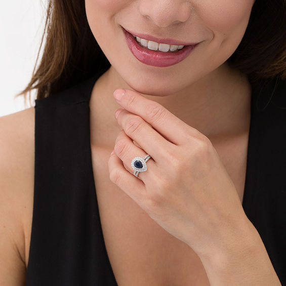 Pear-Shaped Blue Sapphire and 1 CT. T.w. Diamond Double Frame Bridal Set in 14K White Gold