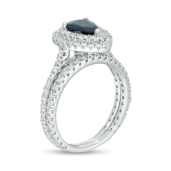 Pear-Shaped Blue Sapphire and 1 CT. T.w. Diamond Double Frame Bridal Set in 14K White Gold