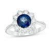 Thumbnail Image 0 of 7.0mm Blue Sapphire and 1 CT. T.W. Diamond Sunburst Frame Ring in 14K White Gold