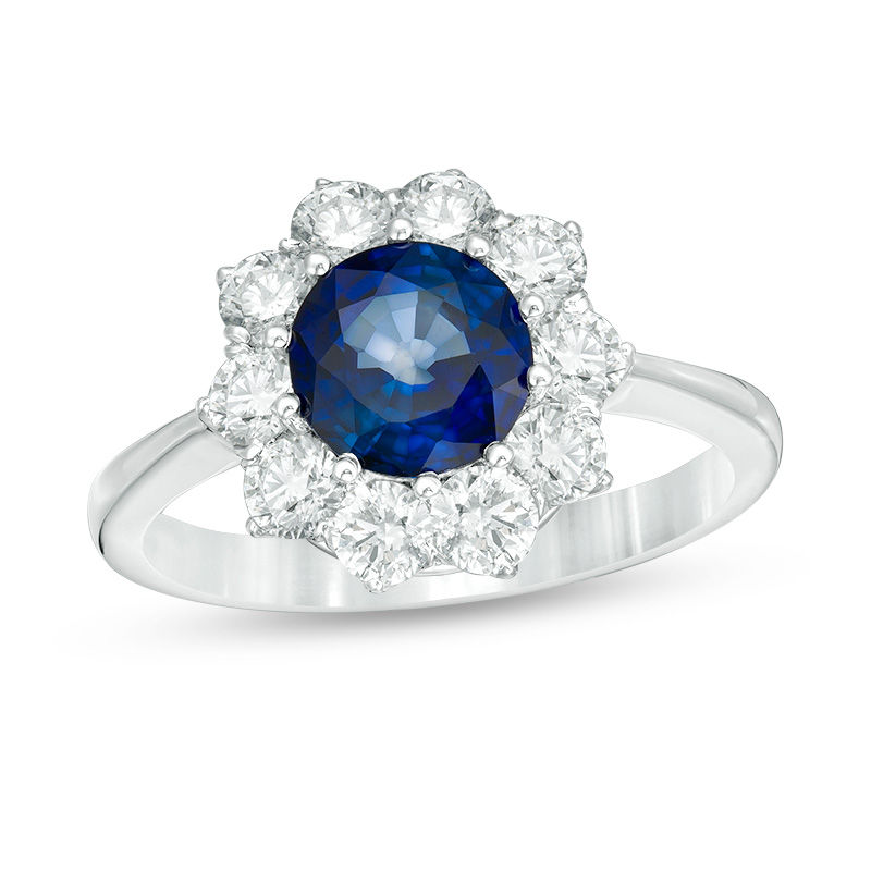 7.0mm Blue Sapphire and 1 CT. T.W. Diamond Sunburst Frame Ring in 14K White Gold