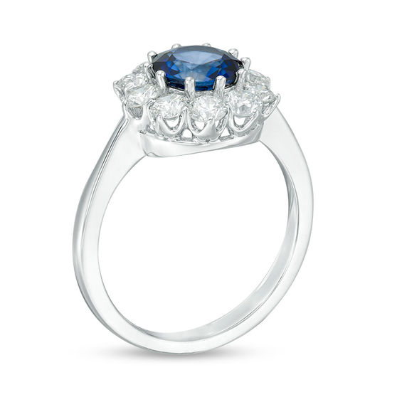 7.0mm Blue Sapphire and 1 CT. T.w. Diamond Sunburst Frame Ring in 14K White Gold