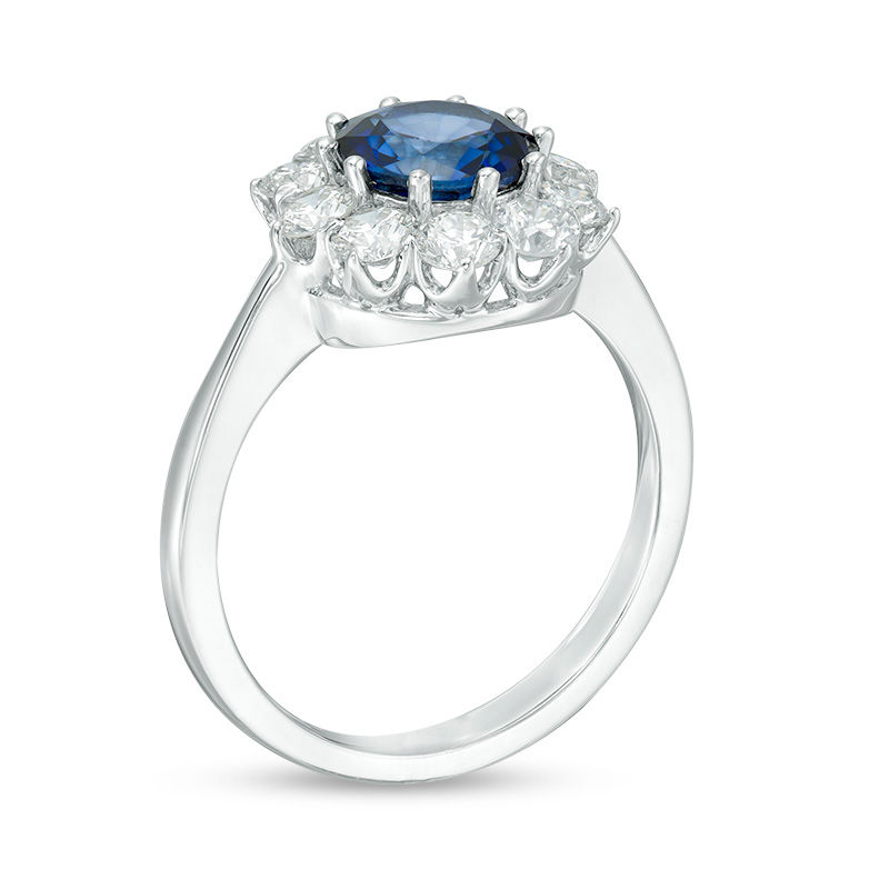 7.0mm Blue Sapphire and 1 CT. T.W. Diamond Sunburst Frame Ring in 14K White Gold