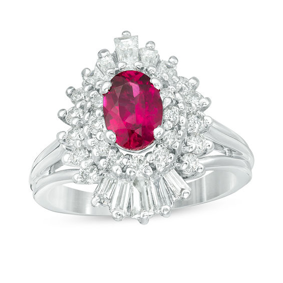 Oval Rubellite Tourmaline and 7/8 CT. T.W. Diamond Double Sunburst Frame Split Shank Ring in 14K White Gold Oval Rubellite Tourmaline and 7/8 CT. T.W. Diamond Double Sunburst Frame Split Shank Ring in 14K White Gold