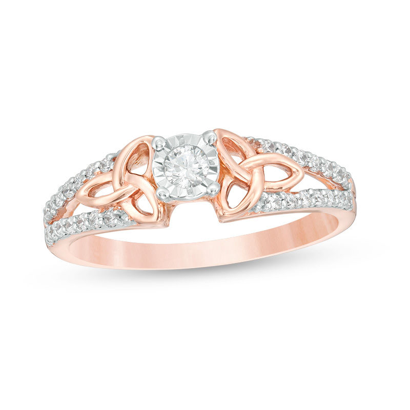 Main Image 1 of 1/4 CT. T.W. Diamond Celtic Knots Split Shank Engagement Ring in 10K Rose Gold