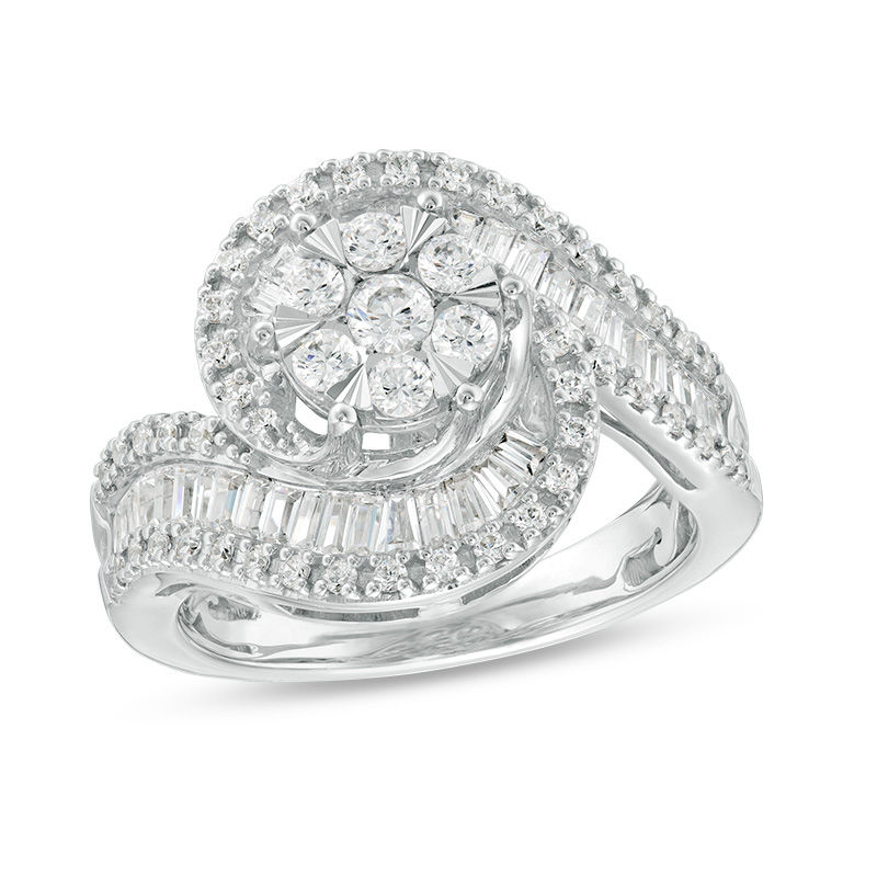 1 CT. T.W. Diamond Frame Swirl Bypass Ring in 10K White Gold