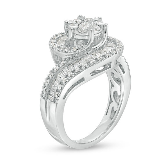 1 CT. T.w. Diamond Frame Swirl Bypass Ring in 10K White Gold