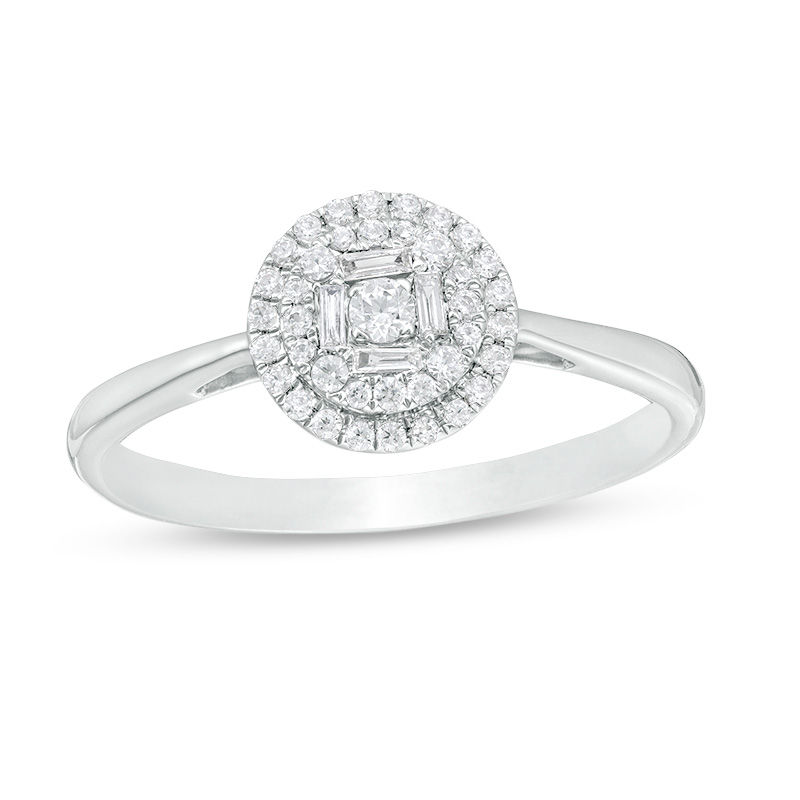 Main Image 1 of 1/4 CT. T.W. Baguette and Round Diamond Double Frame Ring in 10K White Gold
