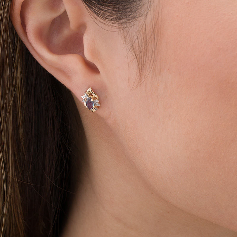 Main Image 2 of Oval Lab-Created Alexandrite and Diamond Accent Flame Burst Stud Earrings in 10K Gold