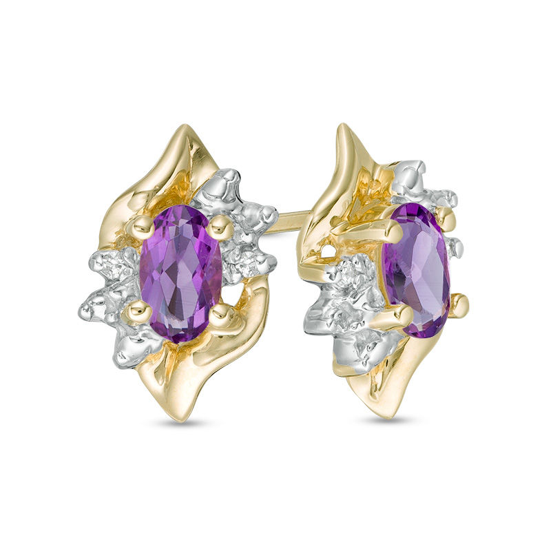 Oval Amethyst and Diamond Accent Flame Burst Stud Earrings in 10K Gold