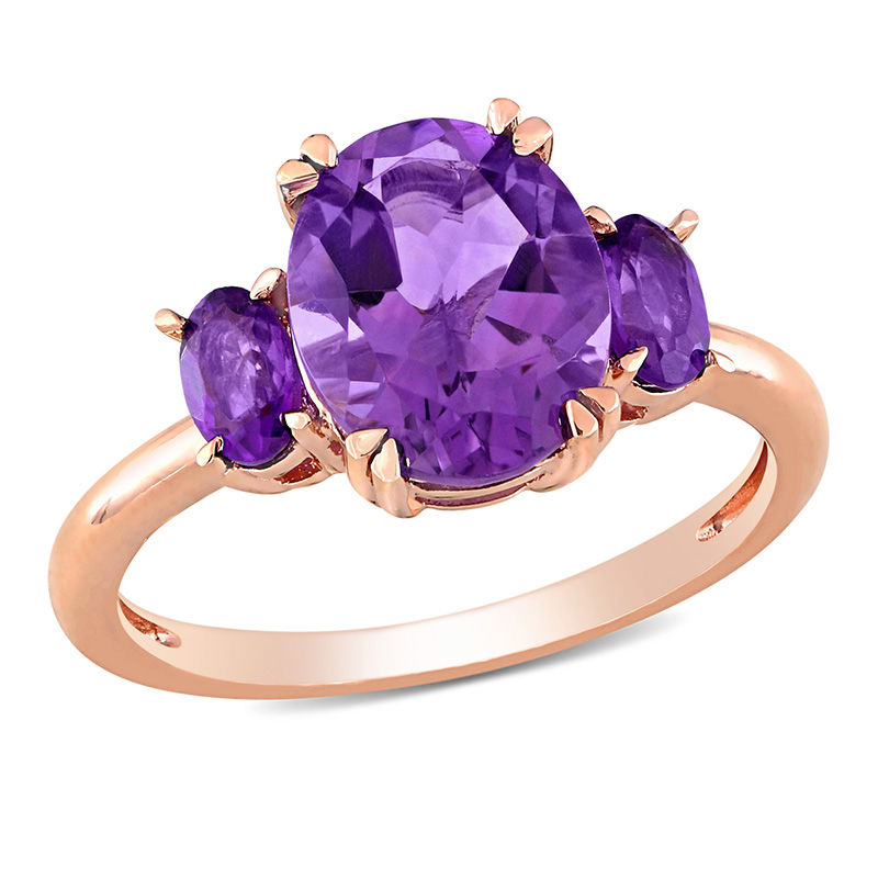 Oval Amethyst Three Stone Ring in 14K Rose Gold