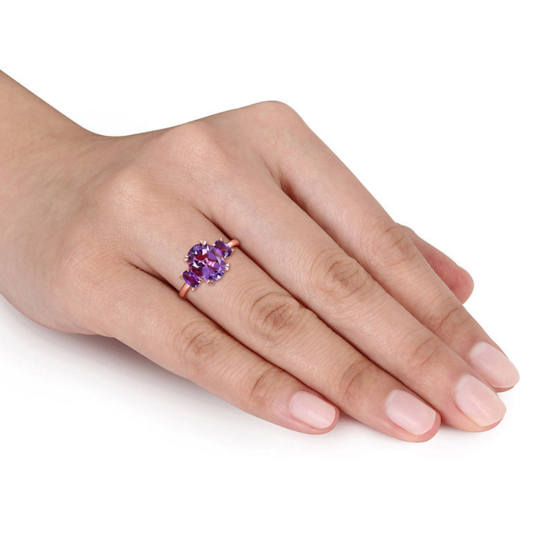 Oval Amethyst Three Stone Ring in 14K Rose Gold
