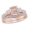 Thumbnail Image 1 of Morganite, Lab-Created White Sapphire and 1/8 CT. T.W. Diamond Three Stone Bridal Set in 10K Rose Gold
