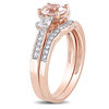 Thumbnail Image 2 of Morganite, Lab-Created White Sapphire and 1/8 CT. T.W. Diamond Three Stone Bridal Set in 10K Rose Gold