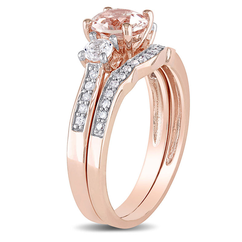 Morganite, Lab-Created White Sapphire and 1/8 CT. T.W. Diamond Three Stone Bridal Set in 10K Rose Gold