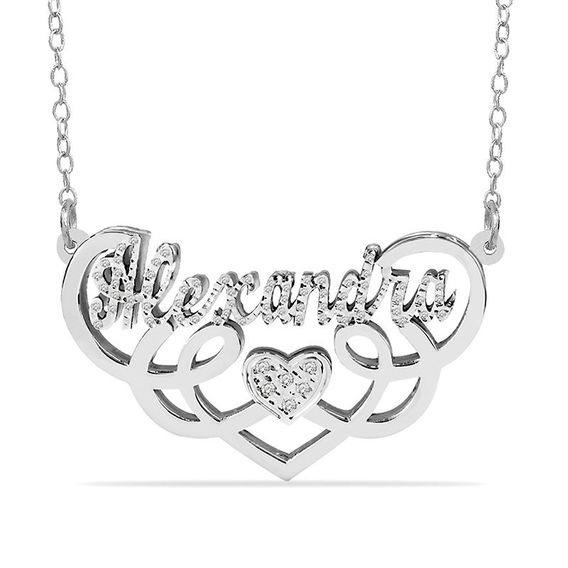 Beaded Script Name Swirling Chevron with Heart Accent Necklace in Sterling Silver (1 Line)